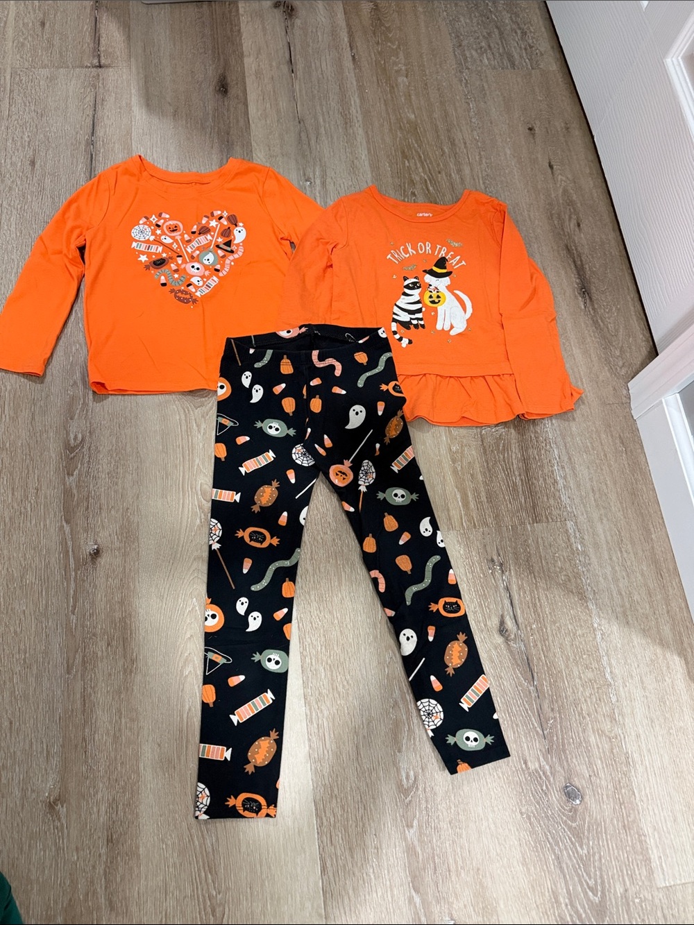 Girls Orange Halloween Top and Black Candy Print Leggings Set 4T/5T